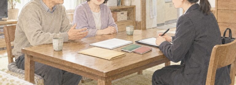 自宅を訪れた職員が夫婦から生活状況を聞き取っているイラスト